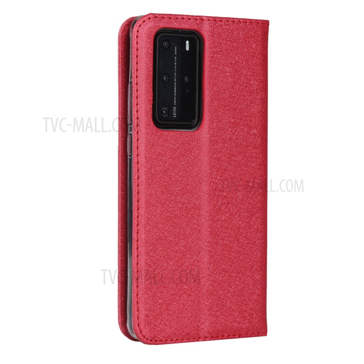 Silk Texture Leather Stand Case with Card Slots for Huawei P40 Pro - Red-4