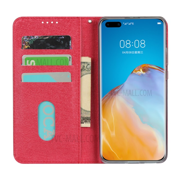 Silk Texture Leather Stand Case with Card Slots for Huawei P40 Pro - Red-5