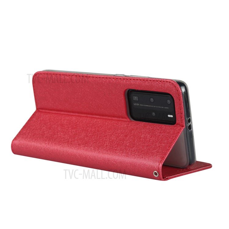 Silk Texture Leather Stand Case with Card Slots for Huawei P40 Pro - Red-6