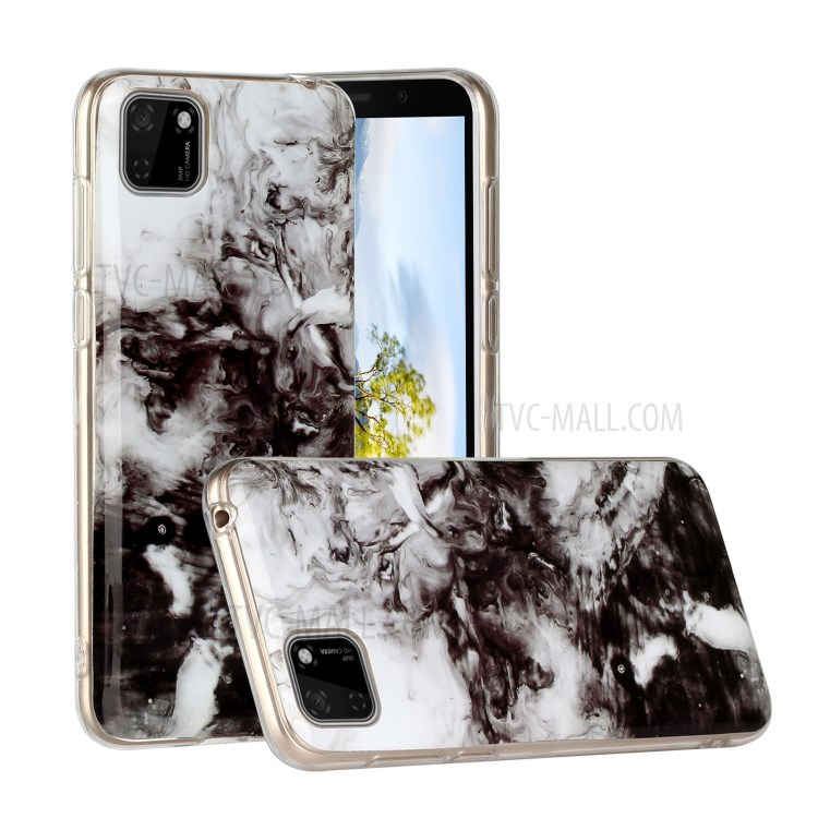 Marble Pattern IMD TPU Back Cell Phone Case for Huawei Y5p - White/Black-1