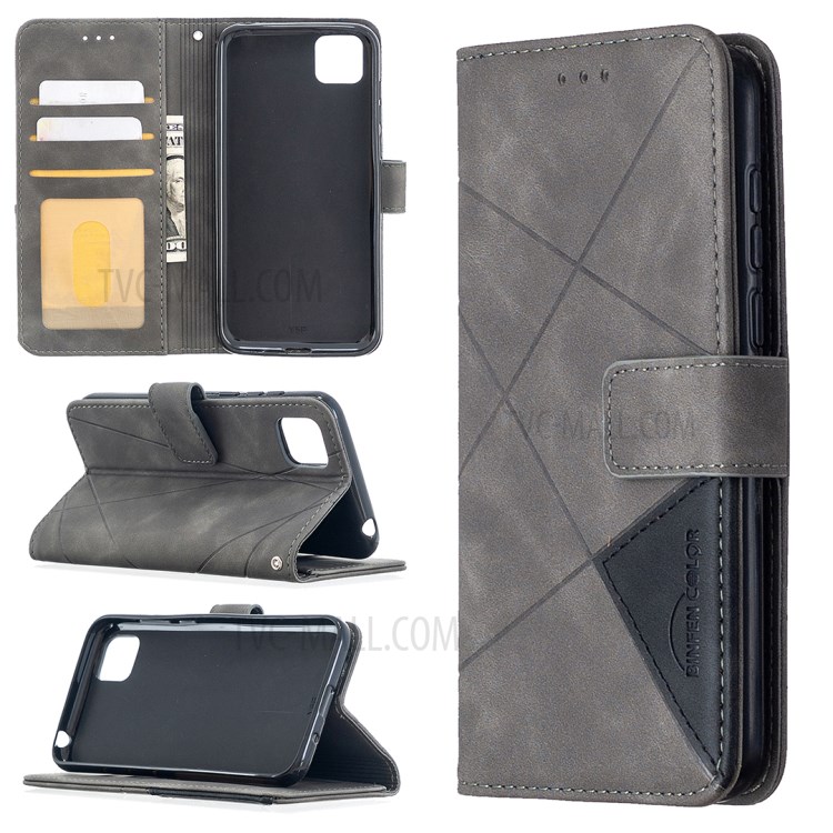 BF05 Geometric Texture Leather Wallet Stand Case Protector for Huawei Y5p/Honor 9S - Grey-1