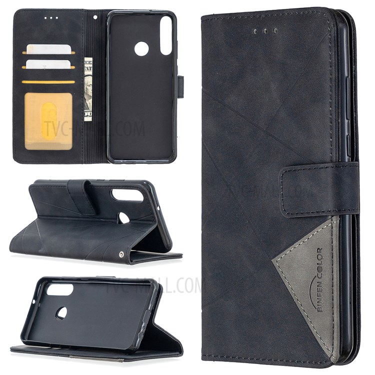 BF05 Geometric Texture Leather Case Wallet Stand Protector for Huawei Y6p - Black-1