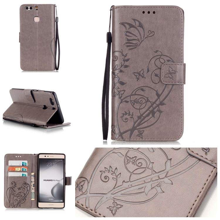 Imprint Butterfly Flowers Leather Wallet Cover for Huawei P9 Plus - Grey-1