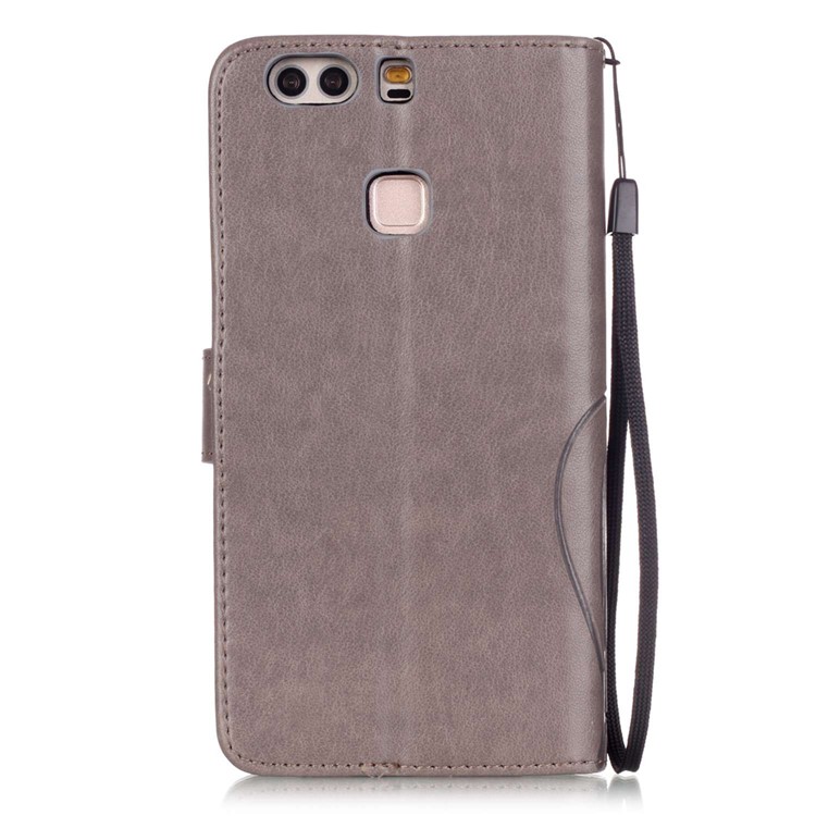 Imprint Butterfly Flowers Leather Wallet Cover for Huawei P9 Plus - Grey-3