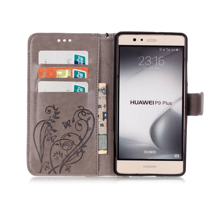 Imprint Butterfly Flowers Leather Wallet Cover for Huawei P9 Plus - Grey-4