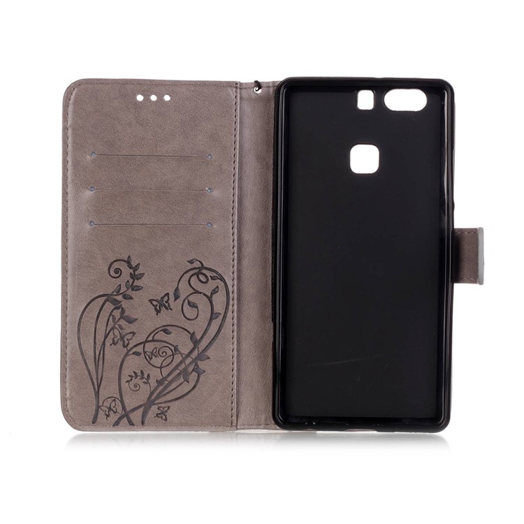 Imprint Butterfly Flowers Leather Wallet Cover for Huawei P9 Plus - Grey-5