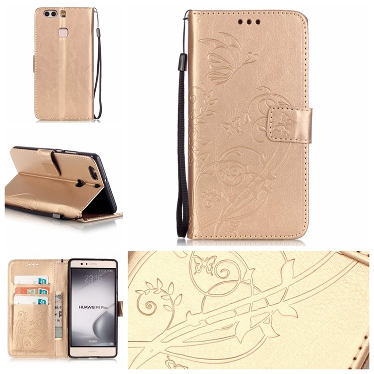 Imprint Butterfly Flowers Wallet Leather Stand Cover for Huawei P9 Plus - Gold-1