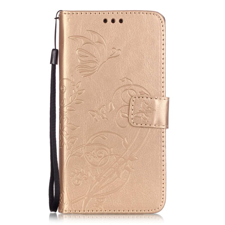 Imprint Butterfly Flowers Wallet Leather Stand Cover for Huawei P9 Plus - Gold-2