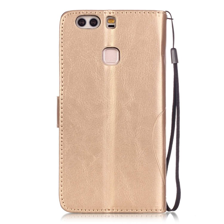 Imprint Butterfly Flowers Wallet Leather Stand Cover for Huawei P9 Plus - Gold-3