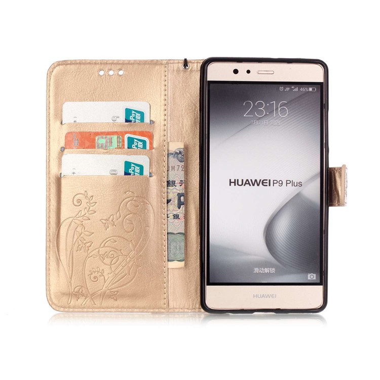 Imprint Butterfly Flowers Wallet Leather Stand Cover for Huawei P9 Plus - Gold-4