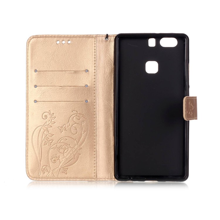 Imprint Butterfly Flowers Wallet Leather Stand Cover for Huawei P9 Plus - Gold-5
