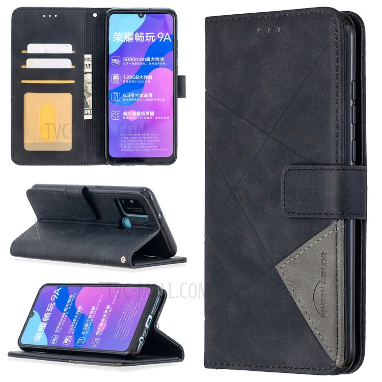 BF05 Leather Case Geometric Texture Wallet Stand Protector for Honor 9A - Black-1