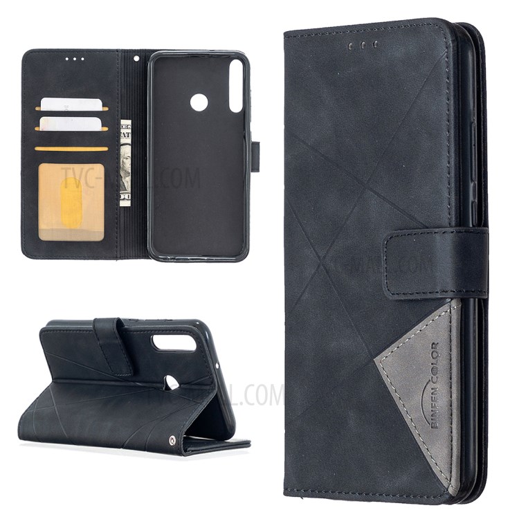 BF05 Leather Case Geometric Texture Wallet Stand Cover for Huawei Y7p/P40 lite E/Honor 9C - Black-1