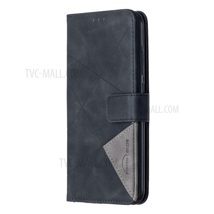 BF05 Leather Case Geometric Texture Wallet Stand Cover for Huawei Y7p/P40 lite E/Honor 9C - Black-6