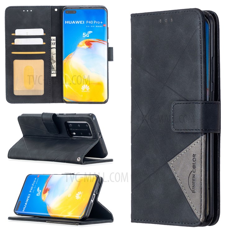 BF05 Geometric Texture Wallet Stand Leather Phone Shell for Huawei P40 Pro - Black-1