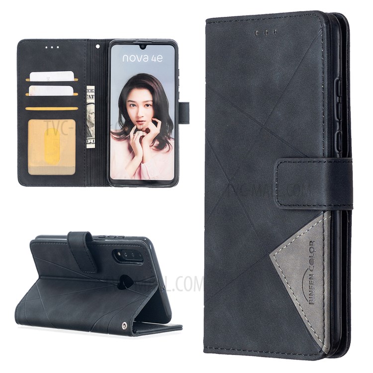 BF05 Geometric Texture Wallet Stand Leather Case for Huawei P30 Lite/Nova 4e - Black-1
