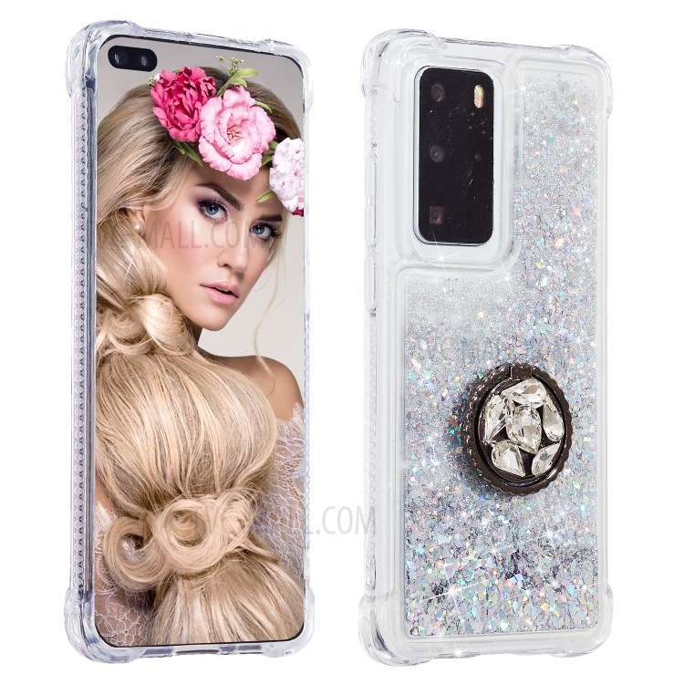 Glitter Powder Quicksand Rhinestone Decor Kickstand TPU Phone Cover for Huawei P40 Pro - Silver-2