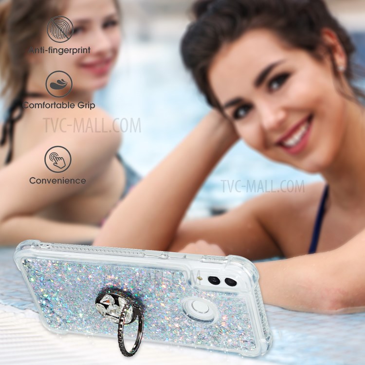 Quicksand Glitter Powder Rhinestone Decor Kickstand TPU Shell for	Huawei Honor 10 Lite - Silver-9