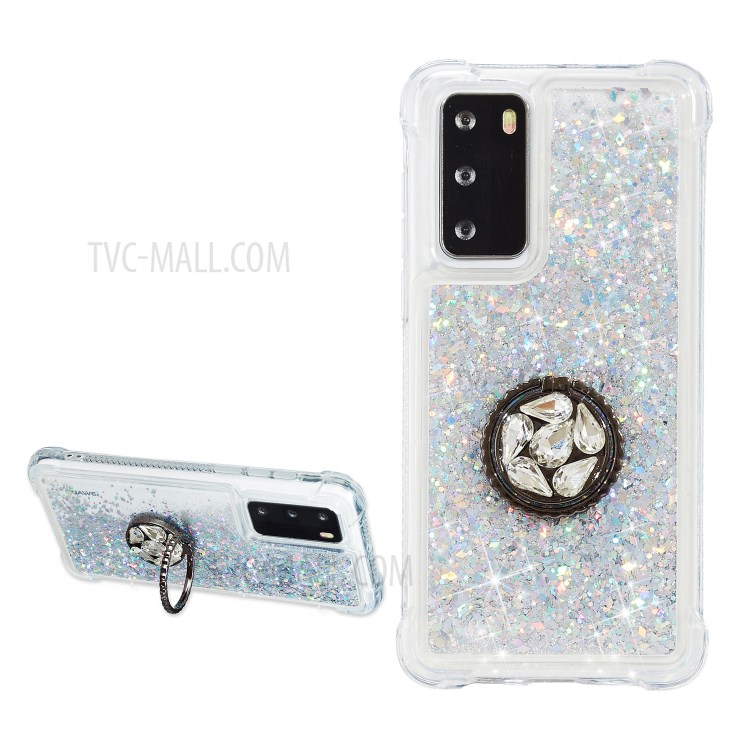 Glitter Powder Quicksand Rhinestone Decor Kickstand TPU Case for Huawei P40 - Silver-1