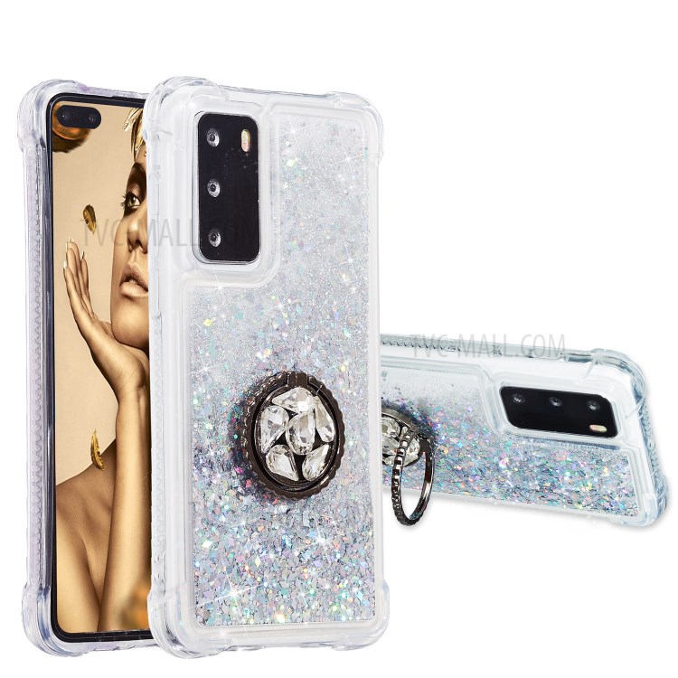 Glitter Powder Quicksand Rhinestone Decor Kickstand TPU Case for Huawei P40 - Silver-9