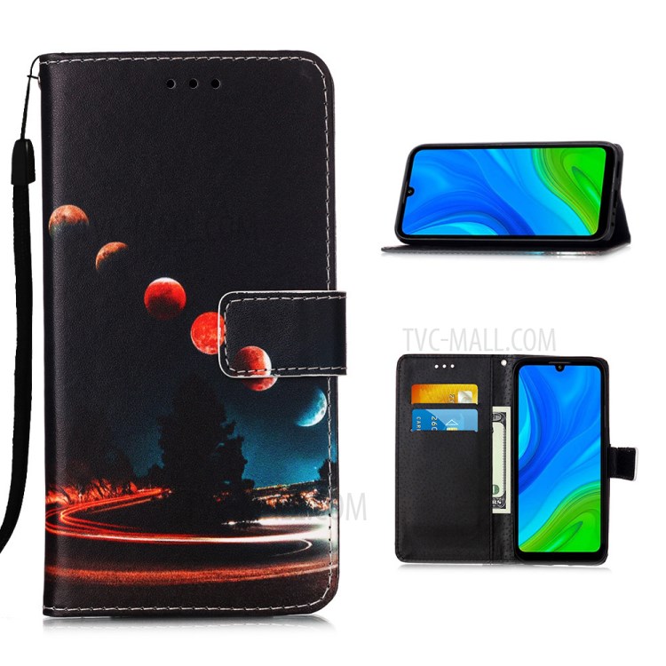 Protective Leather Shell Style Printing Wallet Stand Case with Lanyard for Huawei P smart 2020 - Planets-1