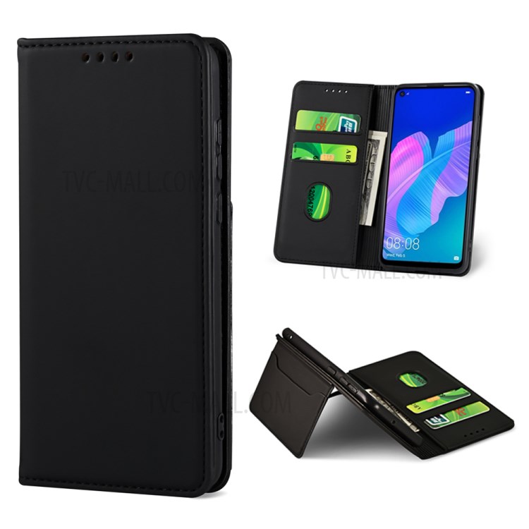 Liquid Silicone Touch Leather Case Wallet Stand Shell for Huawei P40 lite E/Y7p/Honor 9C - Black-1