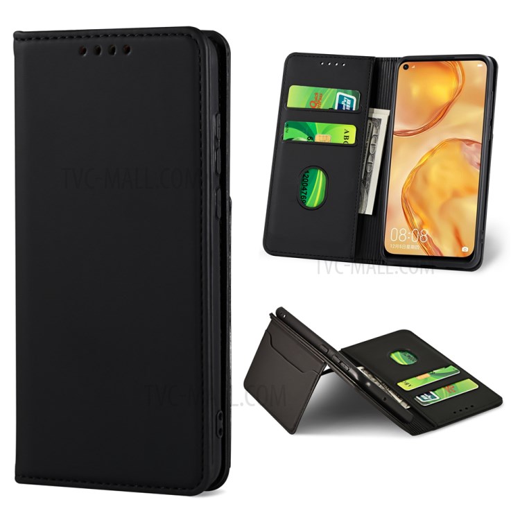 Liquid Silicone Touch Leather Case Wallet Stand Cover for Huawei P40 lite 4G/nova 6 SE/Nova 7i - Black-1