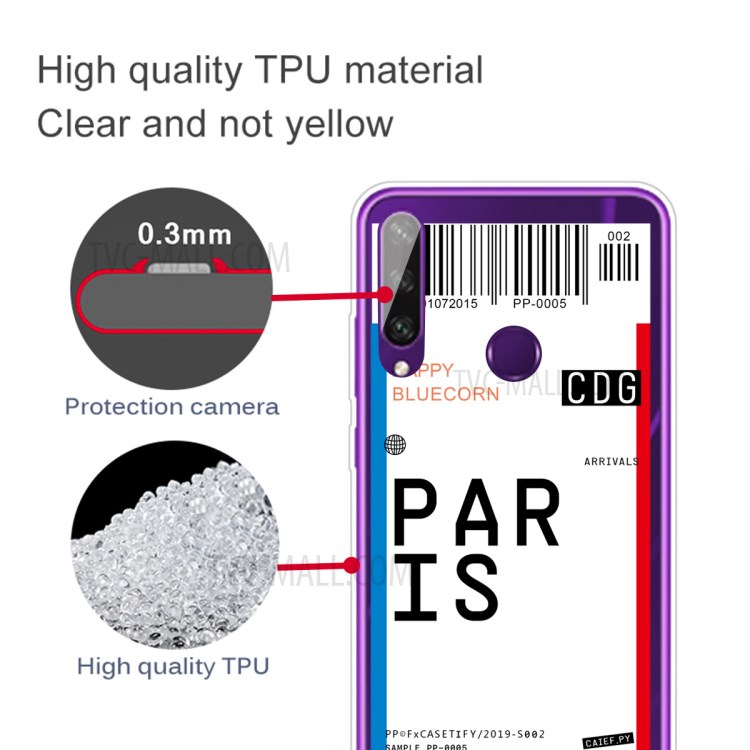 Fashion Boarding Pass TPU Protector Cell Phone Cover for Huawei Y6p - PARIS-3