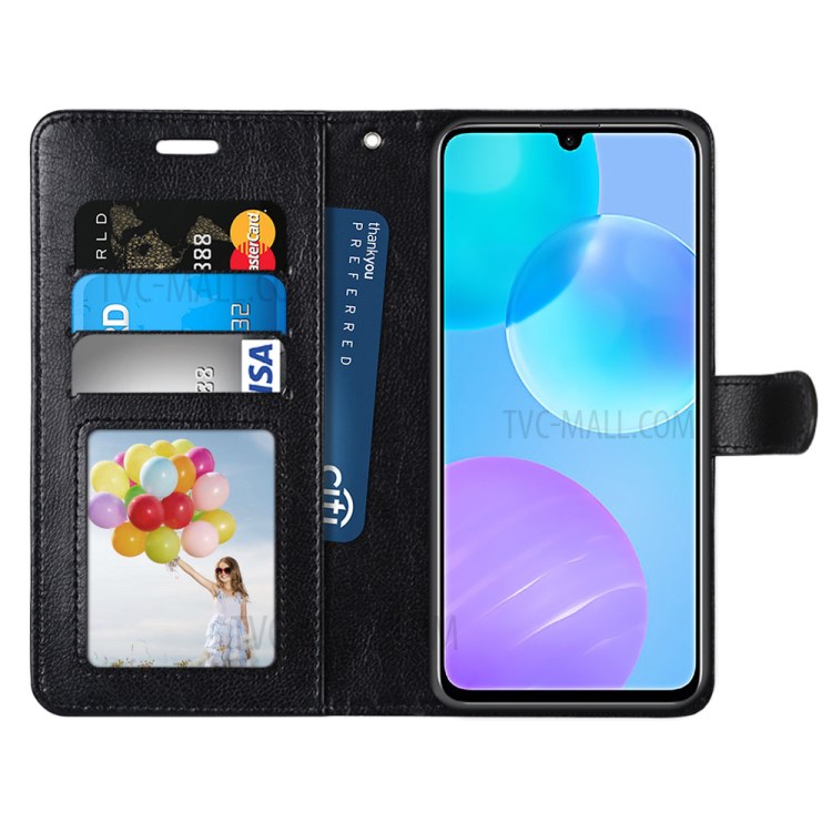 Protective Case Pure Color Wallet Leather Stand Cover for Honor 30 Youth/30 Lite - Black-3