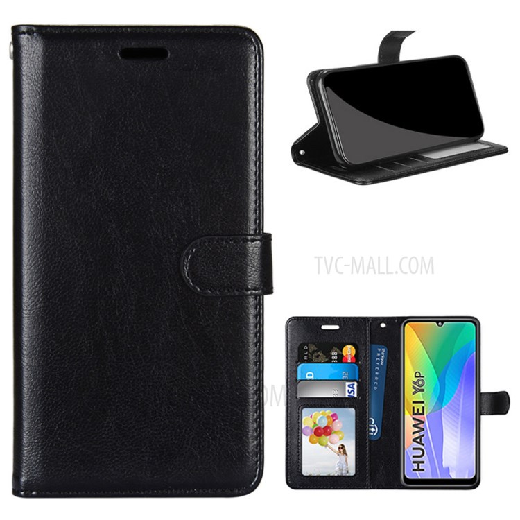 Wallet Stand Magnetic Clasp Leather Protective Case for Huawei Y6p - Black-1