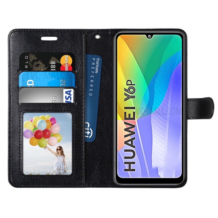 Wallet Stand Magnetic Clasp Leather Protective Case for Huawei Y6p - Black-3