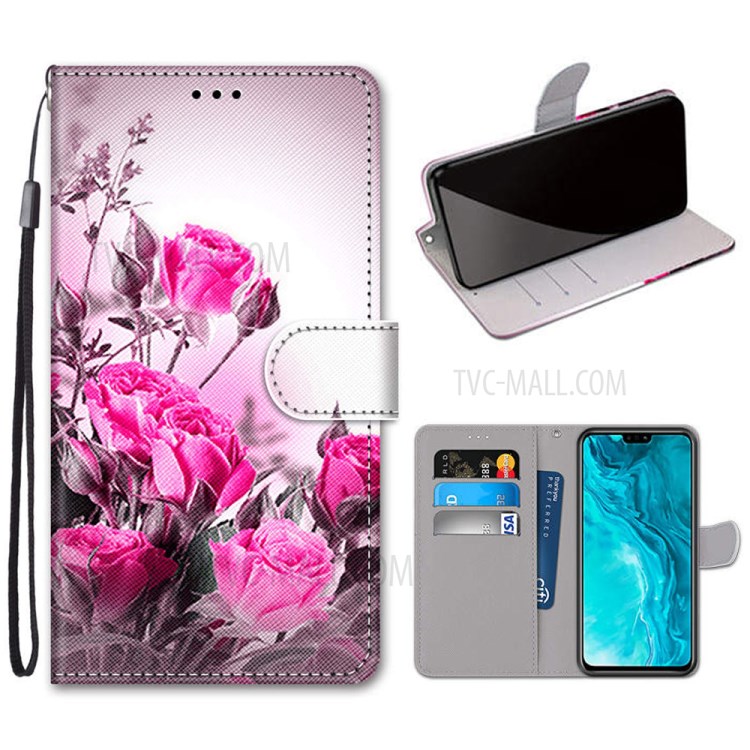 Vivid Patterned Protector Leather Wallet Stand Cover with Lanyard for Honor 9X Lite - Rose-1