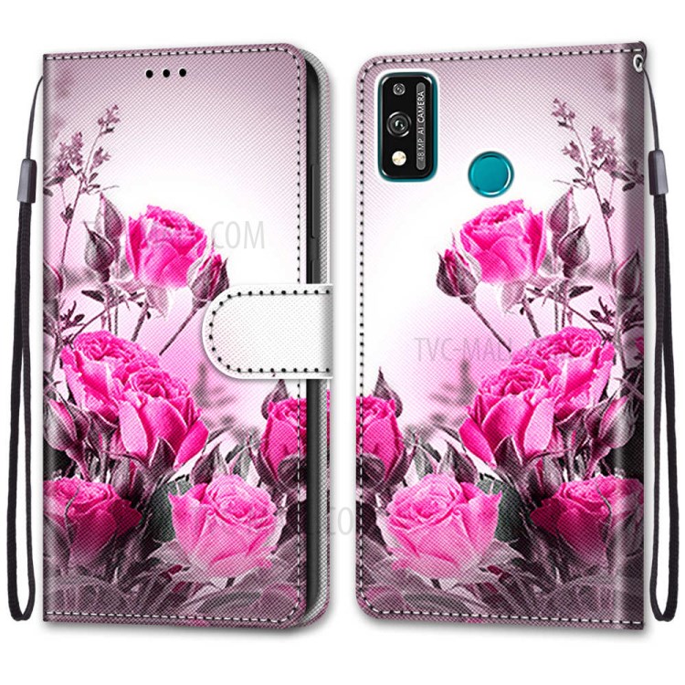 Vivid Patterned Protector Leather Wallet Stand Cover with Lanyard for Honor 9X Lite - Rose-2