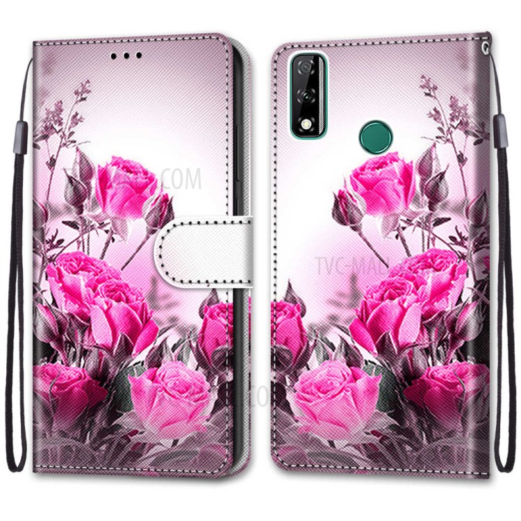 Pattern Printing Cross Texture Leather Wallet Phone Cover with Strap for Huawei Y8s - Rose-2