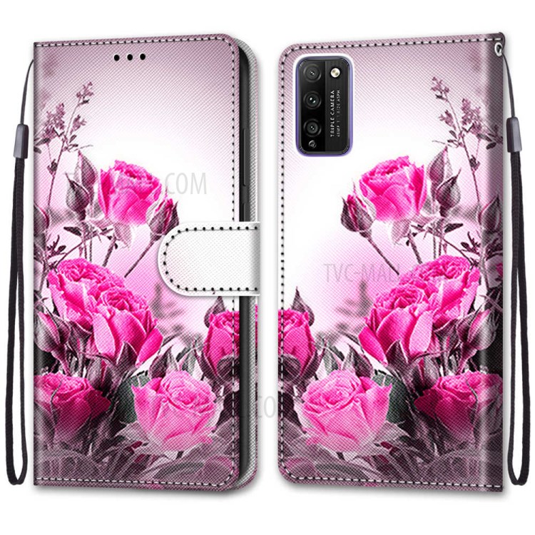 Pattern Printing Cross Texture Leather Wallet Phone Shell with Strap for Honor 30 Youth/30 Lite - Rose-2