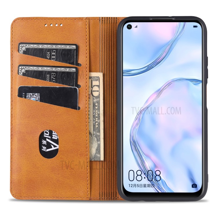 AZNS Auto-absorbed Leather Wallet Case for Huawei nova 6 SE/P40 lite 4G - Brown-8