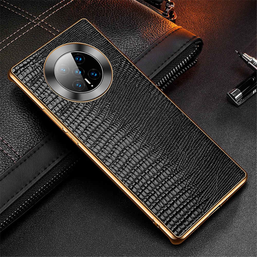 Lizard Texture Plating Genuine Leather Coated PC+TPU Hybrid Case for Huawei Mate 40 Pro - Black-2