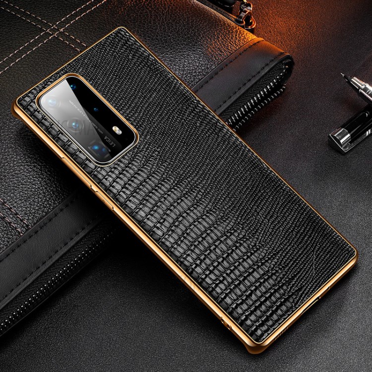 Lizard Texture Plating Genuine Leather Coated PC+TPU Hybrid Protective Shell for Huawei P40 Pro+ - Black-2