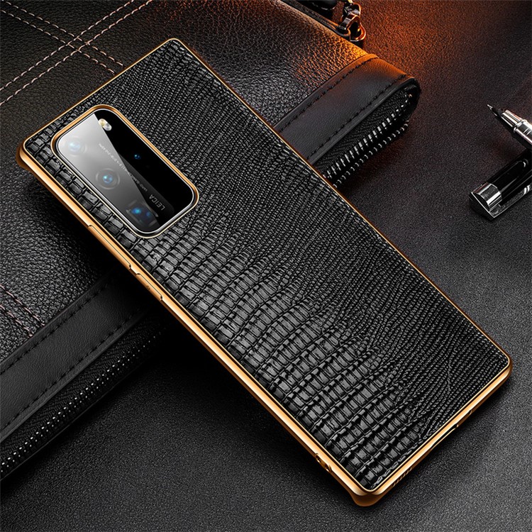 Lizard Texture Plating Genuine Leather Coated PC+TPU Protective Shell for Huawei P40 Pro - Black-2