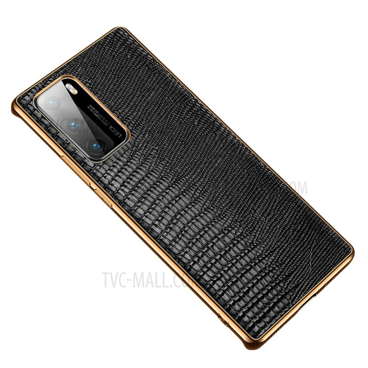 Lizard Texture Plating Genuine Leather Coated PC+TPU Phone Shell for Huawei P40 - Black-1