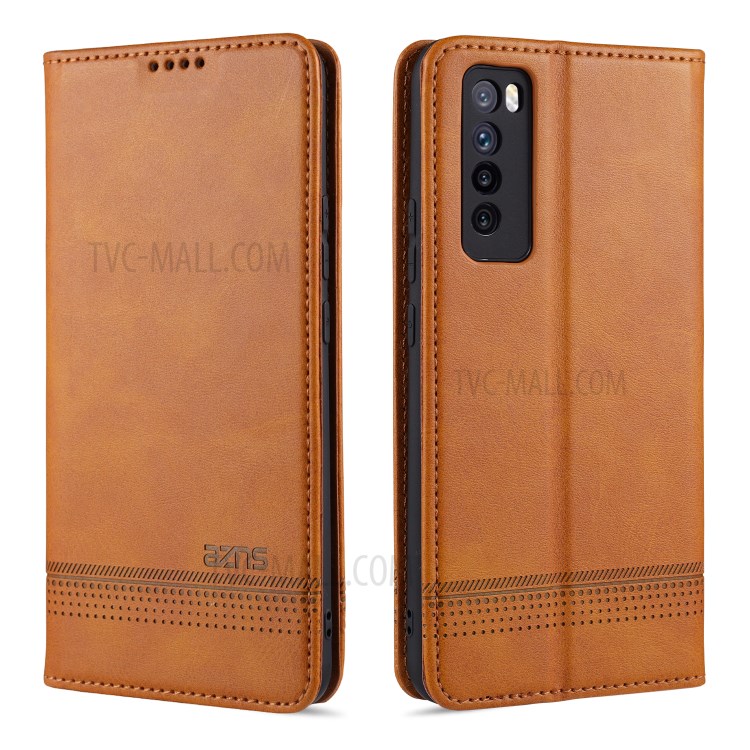 AZNS Magnetic Absorbed Leather Card Slots Phone Protector Cover for Huawei nova 7 5G - Brown-1