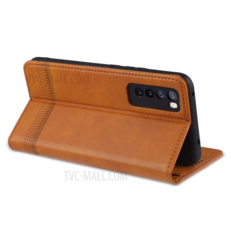 AZNS Magnetic Absorbed Leather Card Slots Phone Protector Cover for Huawei nova 7 5G - Brown-6