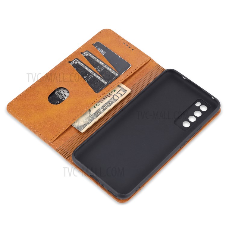 AZNS Magnetic Absorbed Leather Card Slots Phone Protector Cover for Huawei nova 7 5G - Brown-8