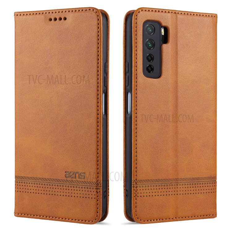 AZNS Magnetic Absorbed Leather Card Slots Cell Phone Cover for Huawei nova 7 SE - Brown-1