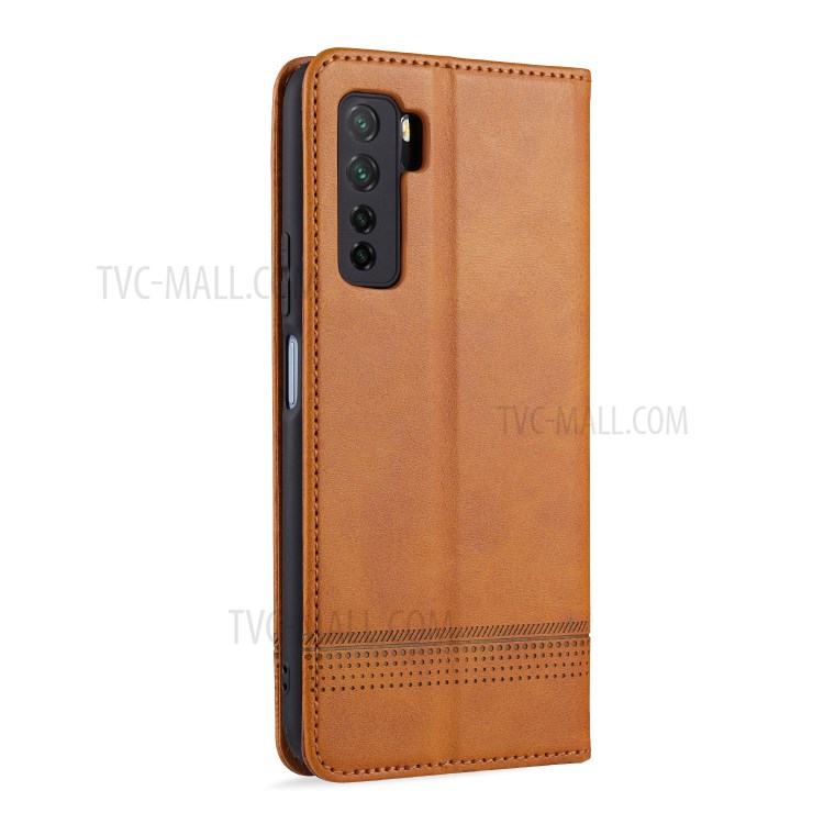 AZNS Magnetic Absorbed Leather Card Slots Cell Phone Cover for Huawei nova 7 SE - Brown-4