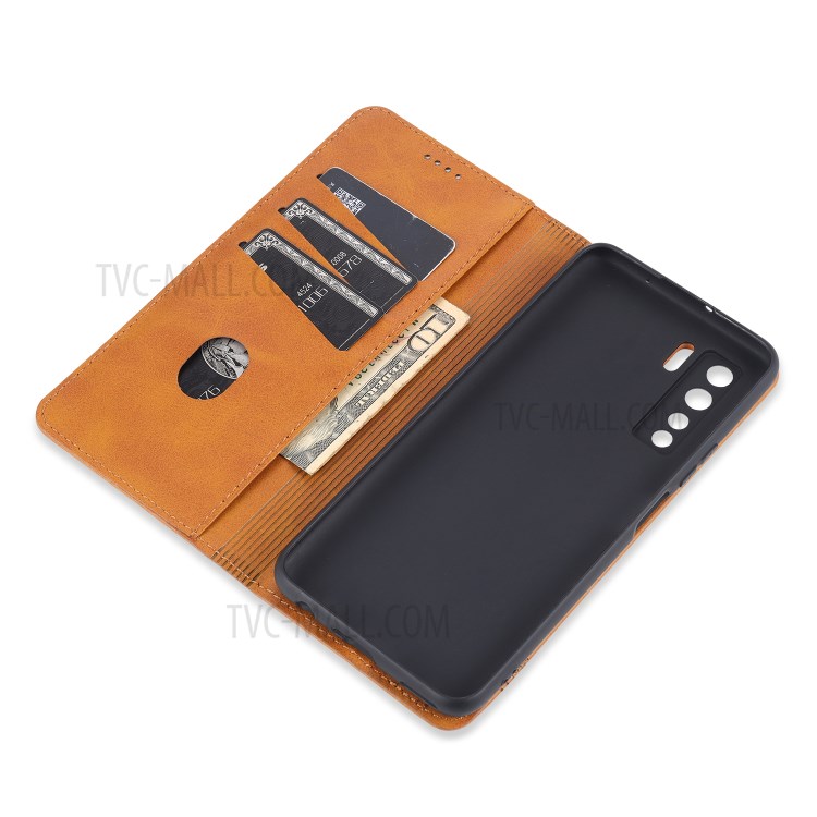 AZNS Magnetic Absorbed Leather Card Slots Cell Phone Cover for Huawei nova 7 SE - Brown-8