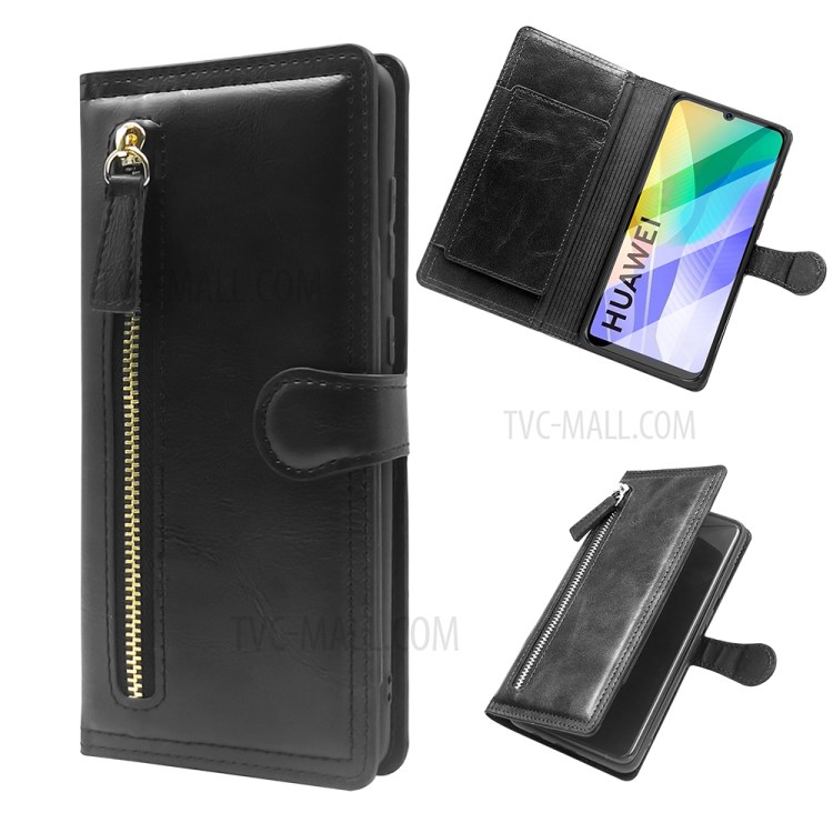 Zipper Pocket Wallet Leather Casing for Huawei Y6p Phone Cover - Black-1