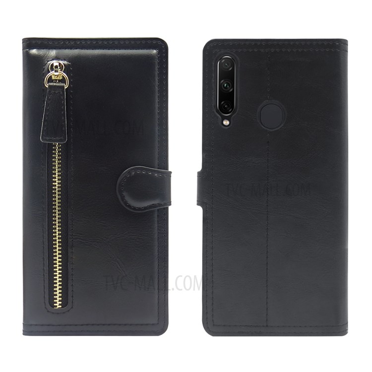 Zipper Pocket Wallet Leather Casing for Huawei Y6p Phone Cover - Black-8