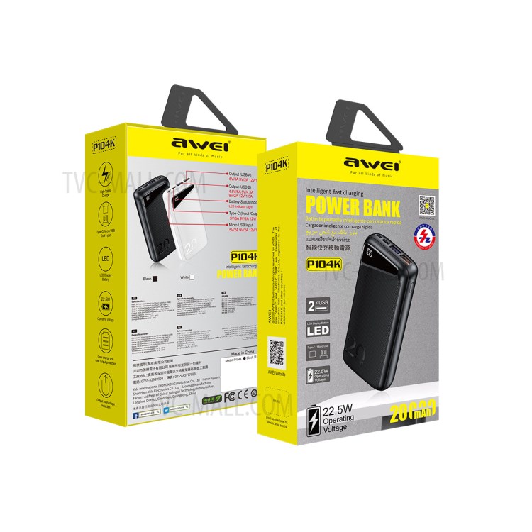 AWEI P104K 20000mAh Carregador Portátil Banco De Potência LED 22.5W Display Digital Banco De Potência Com Várias Portas De Carregamento-4