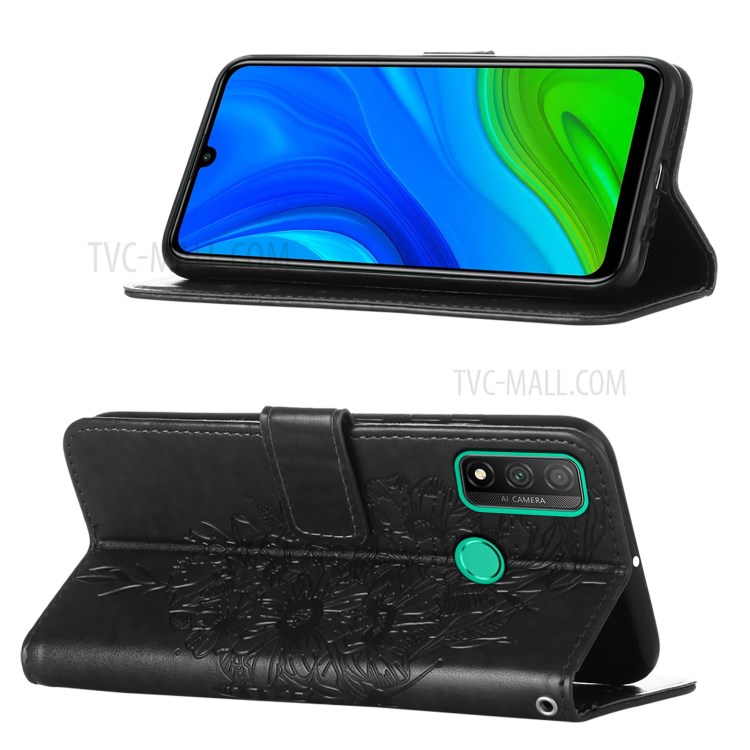 Imprint Butterfly Leather Phone Cover Case with Hand Strap for Huawei P Smart 2020 - Black-4